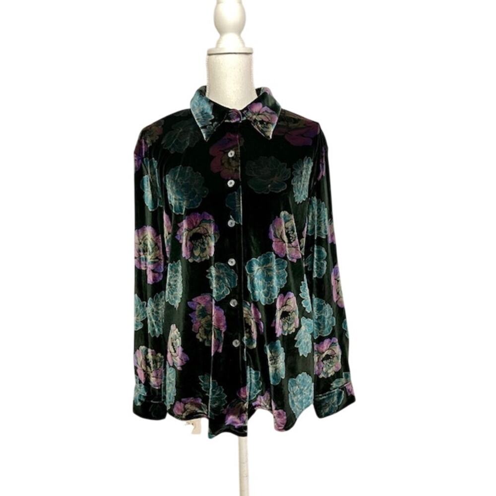 Coldwater Creek Velvet Floral Black Purple Green Jewel Tone Blouse Petite Large